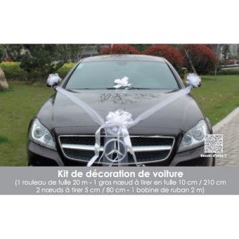 Noeud tulle et ruban satin blanc - décoration voiture mariage lot